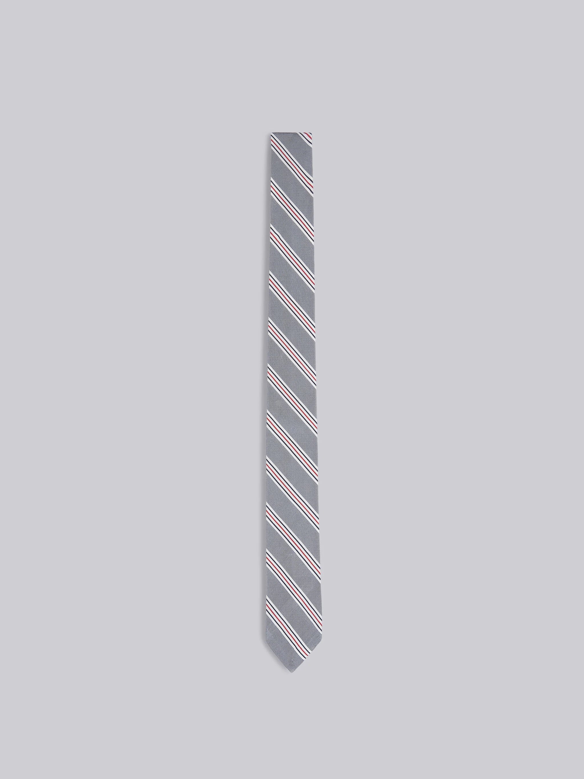 Medium Grey Silk Cotton Jacquard Tricolor Hairline Stripe Tie - 1