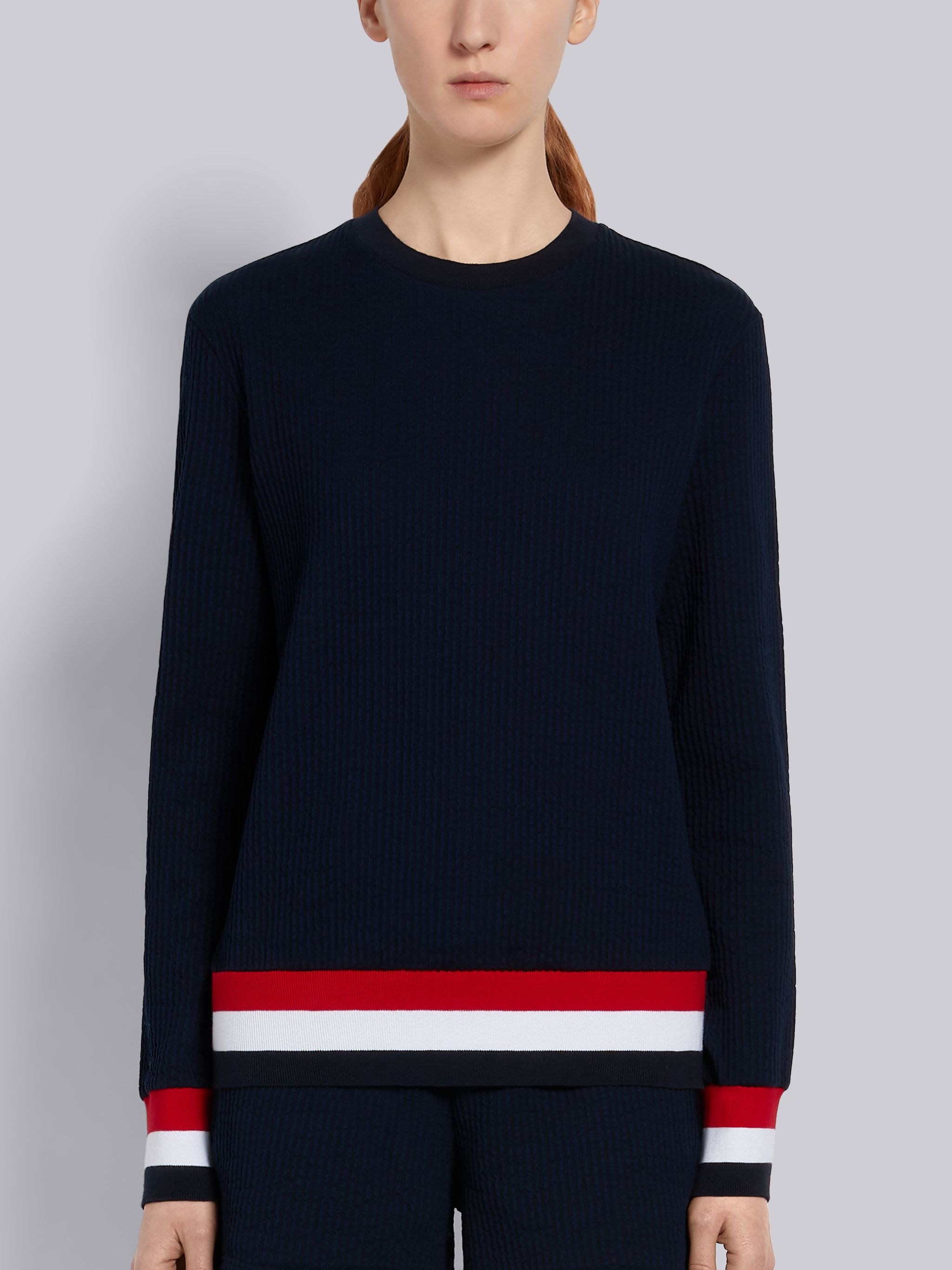 Navy Cotton Seersucker Tri-color Trim Crewneck Sweatshirt - 1