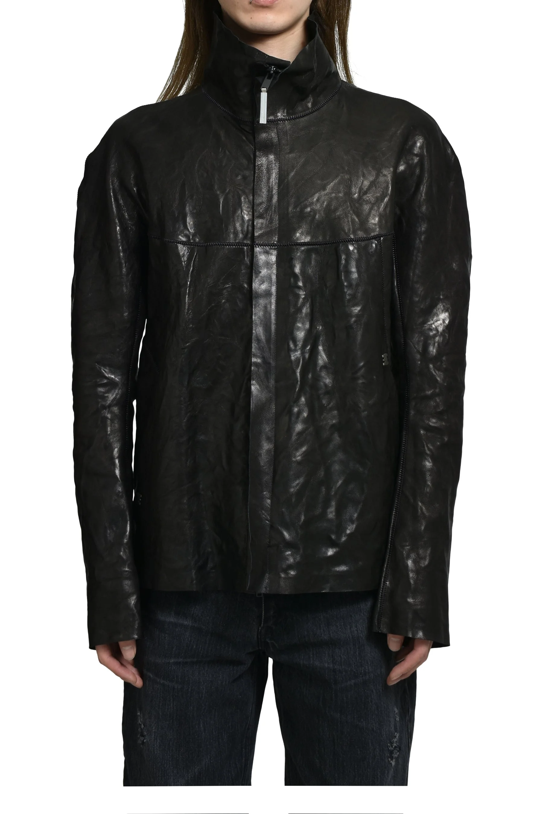 "HUMANOID" HIGH NECK LEATHER JACKET / BLK - 1