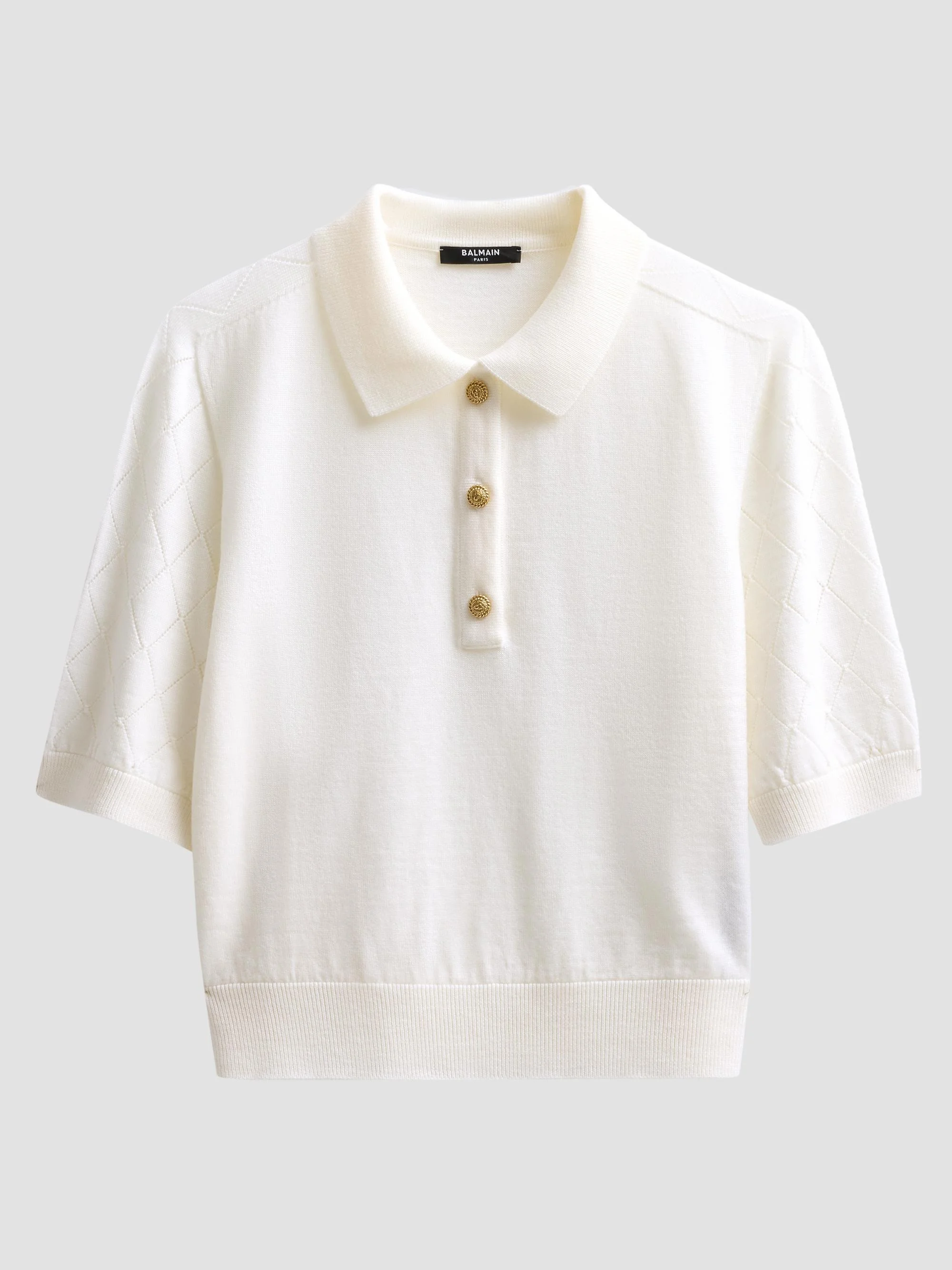 Women's Diamond-Knit-Sleeve Merino Wool Polo Shirt - Blanc - 1