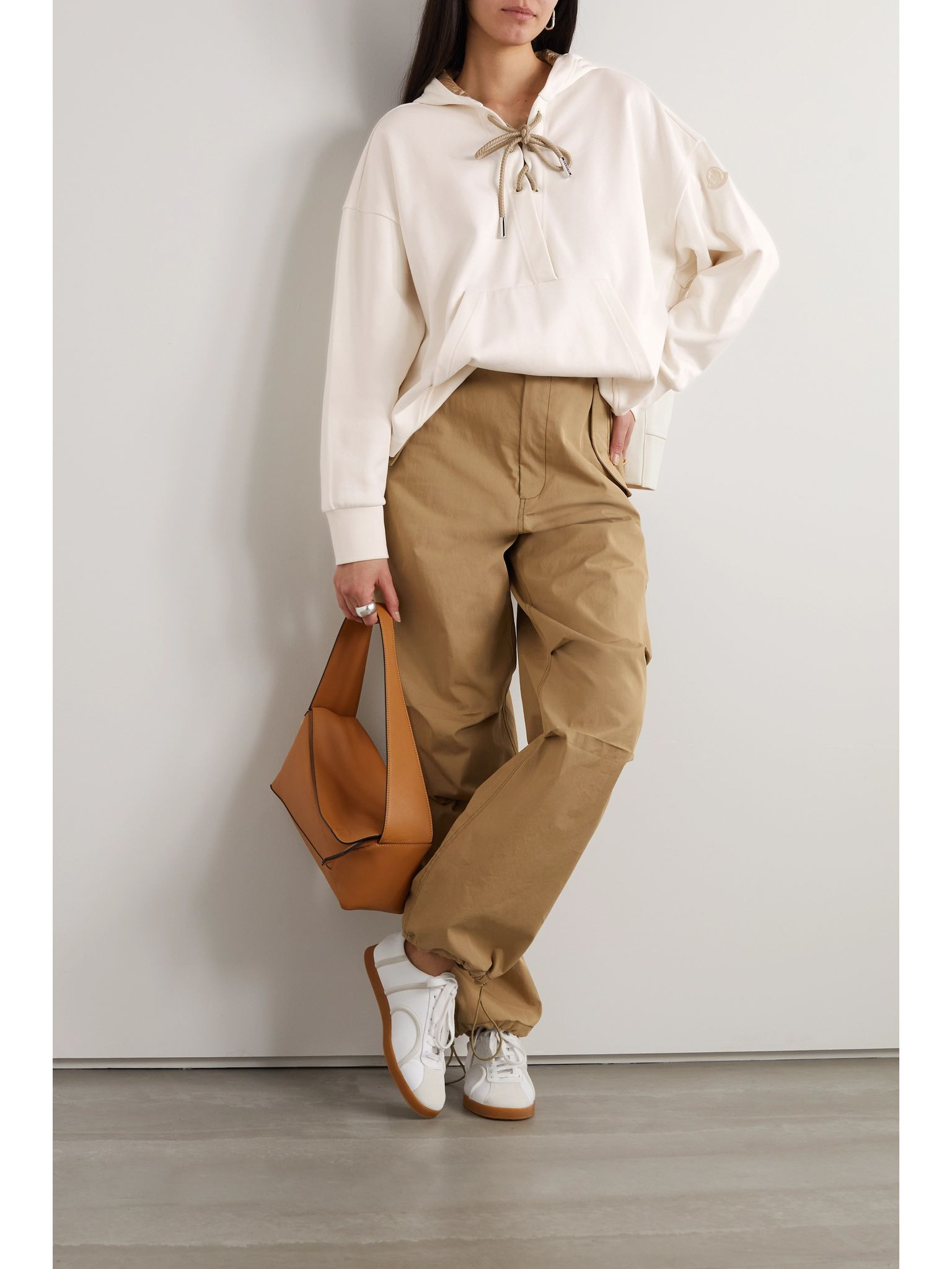 Lace-up cotton-blend jersey hoodie Cream - 2