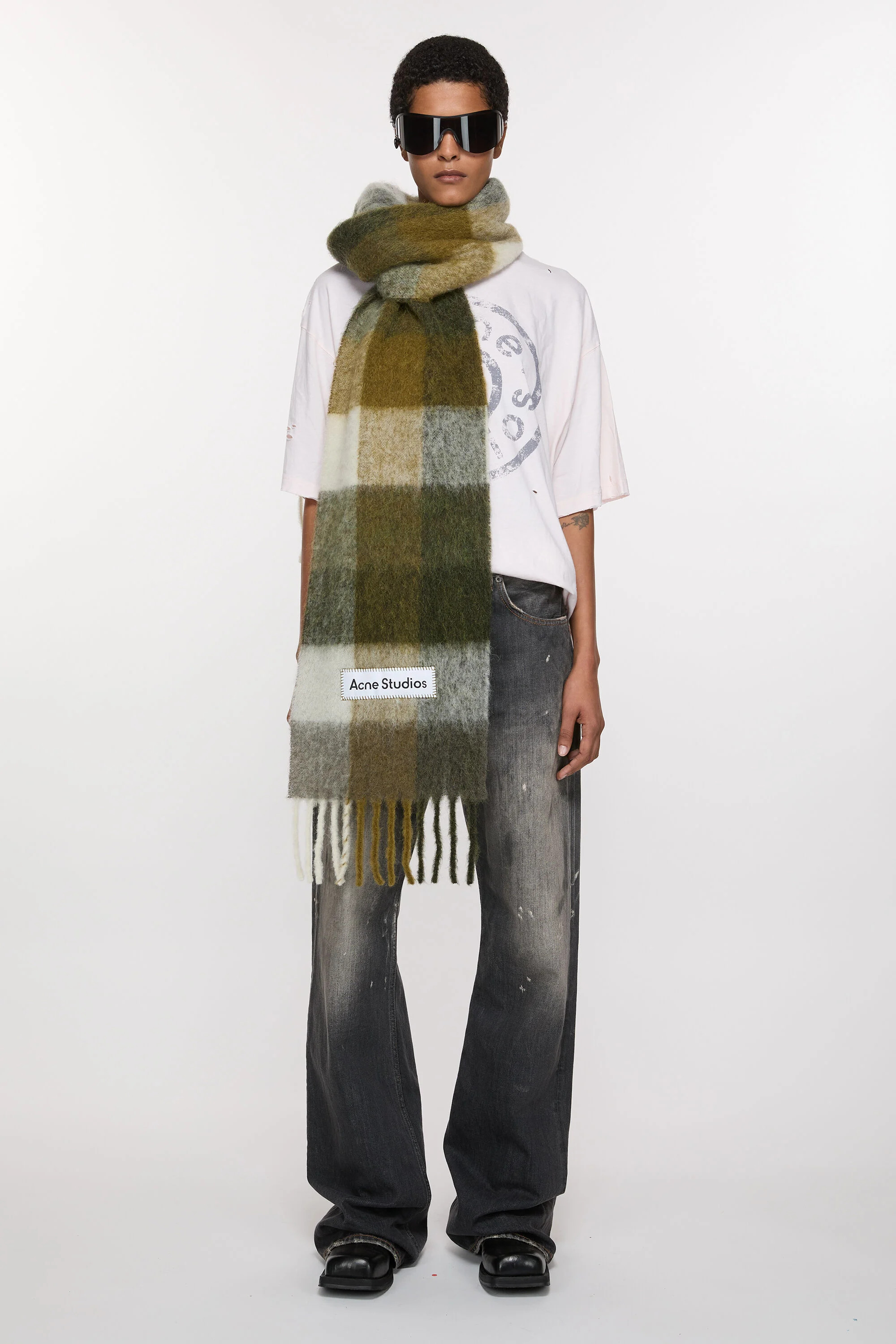 Mohair checked scarf - Taupe/Green/Black - 2