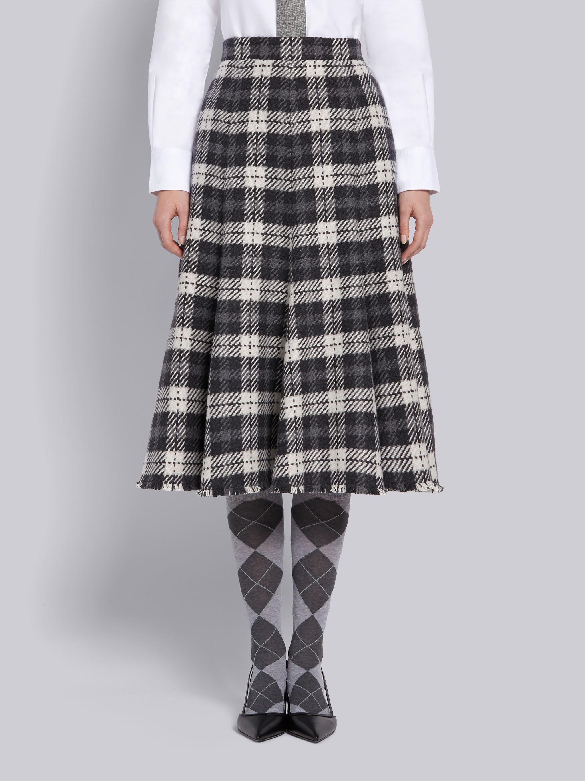 Medium Grey Cashmere Tartan Check Tweed Flounce Skirt - 1