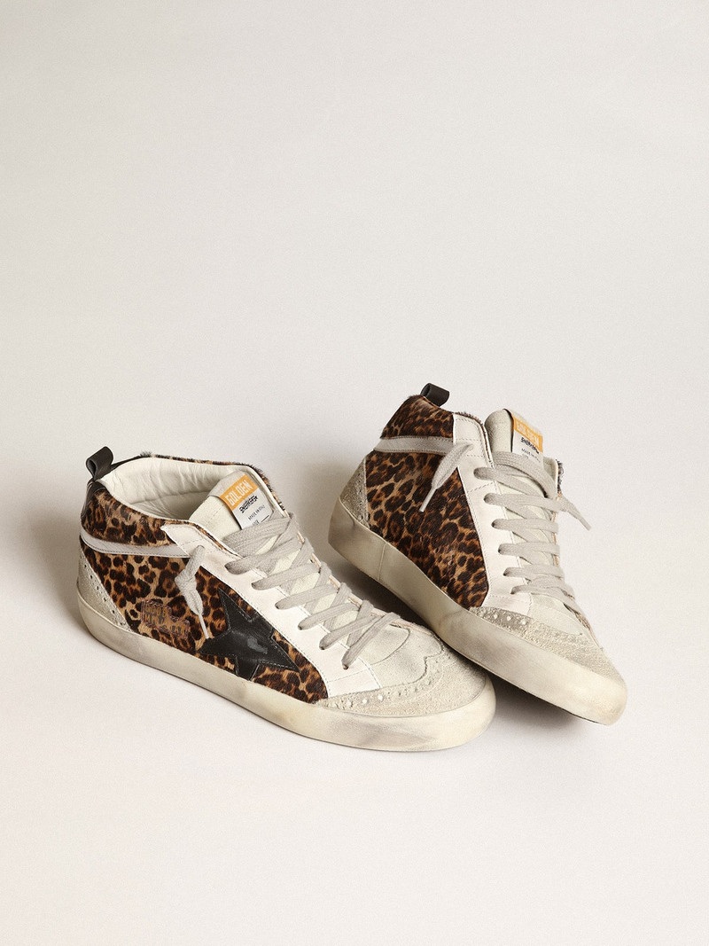 Golden Goose Mid Star sneakers in leopard-print pony skin with black leather star and silver laminated leather fl outlook