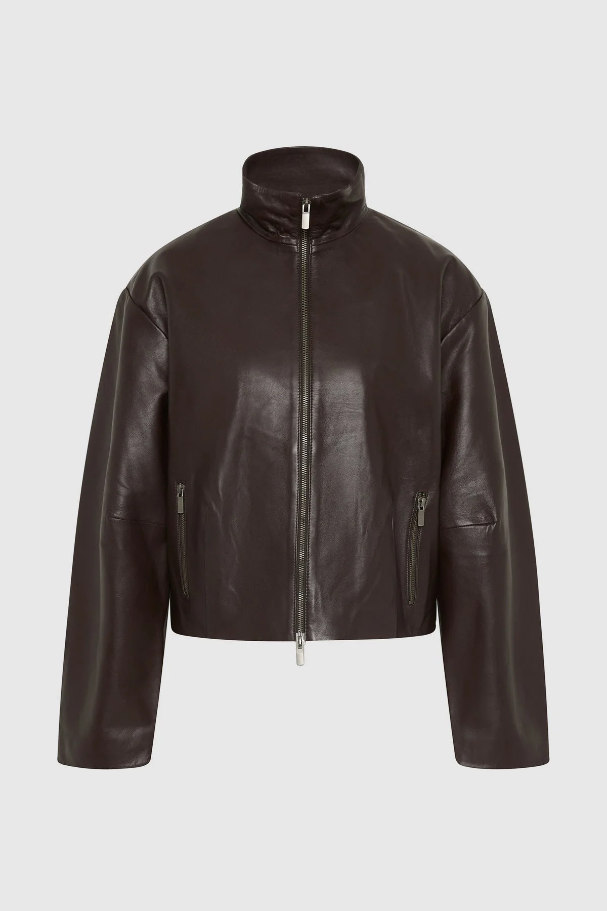 Cocoon Zip Leather Jacket - Chocolate - 1