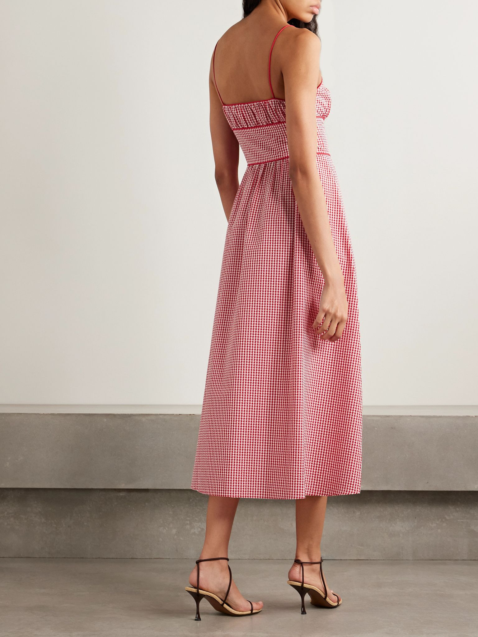Belline bow-detailed gingham recycled-seersucker midi dress Red - 4
