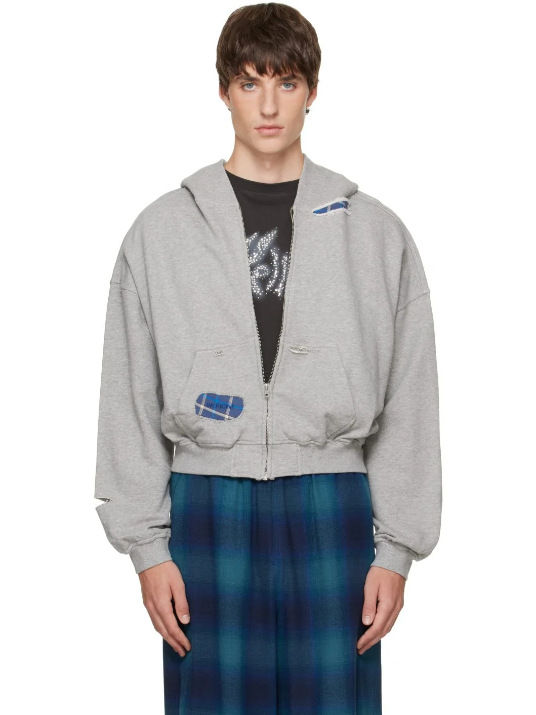 Gray Repaired Zip-Up Hoodie - 1