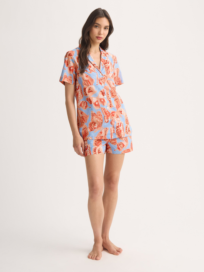 Derek Rose Women's Short Pajamas Cotton Batiste Light Blue & Peach Butterfly Print outlook
