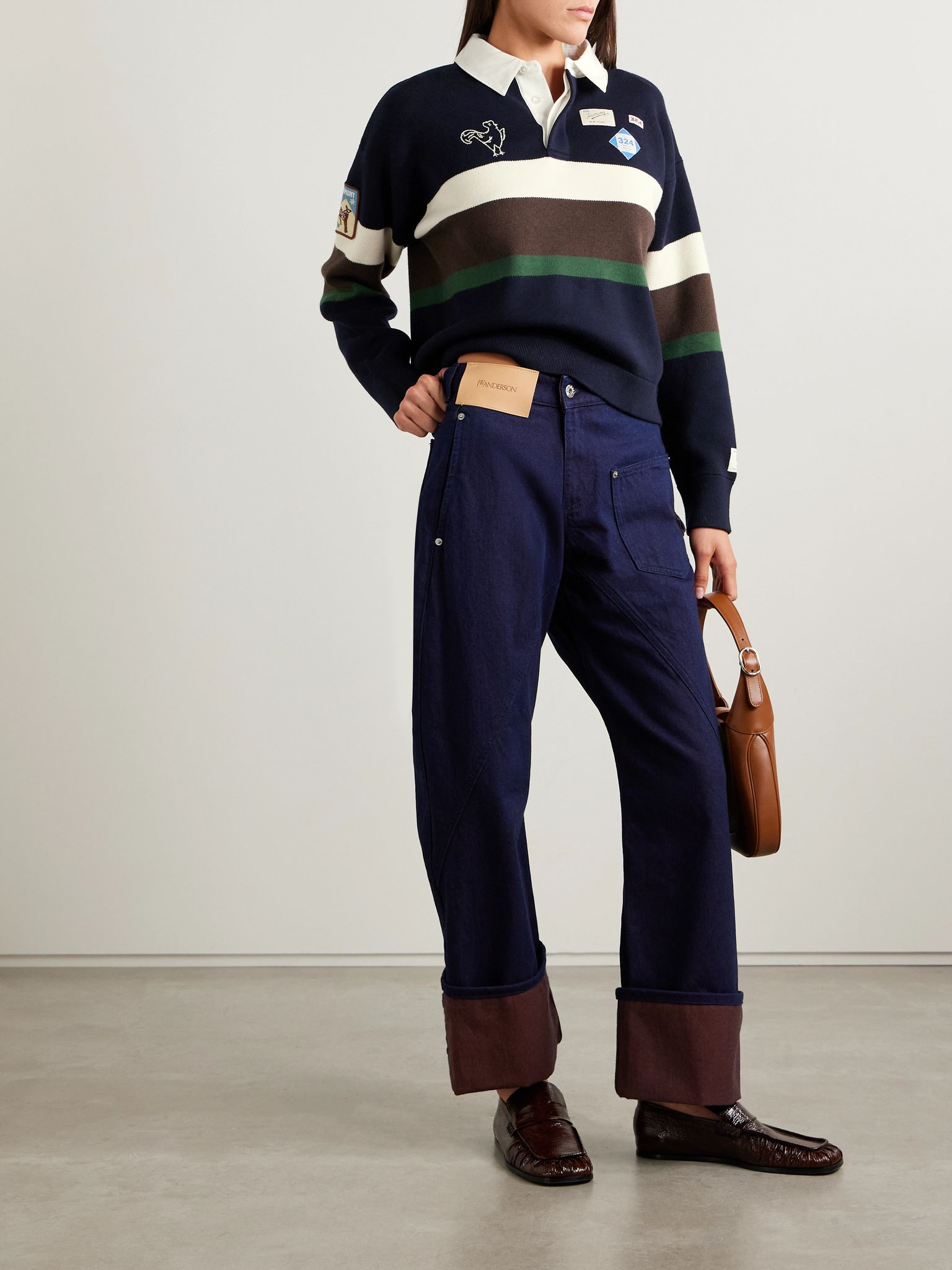 Arther appliquéd striped cotton and cashmere-blend polo sweater Black - 2