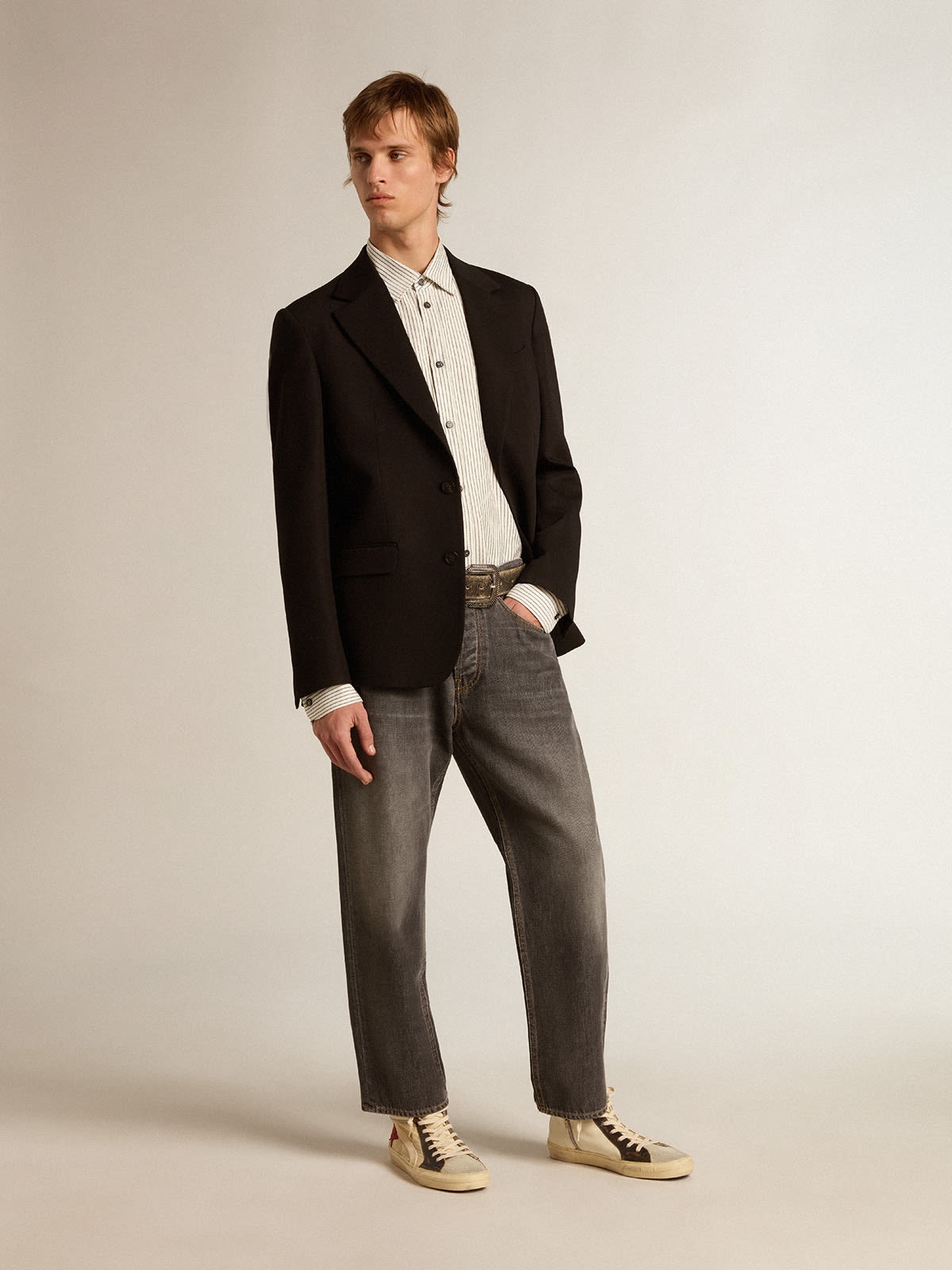 Men’s white viscose shirt with narrow black stripes - 3