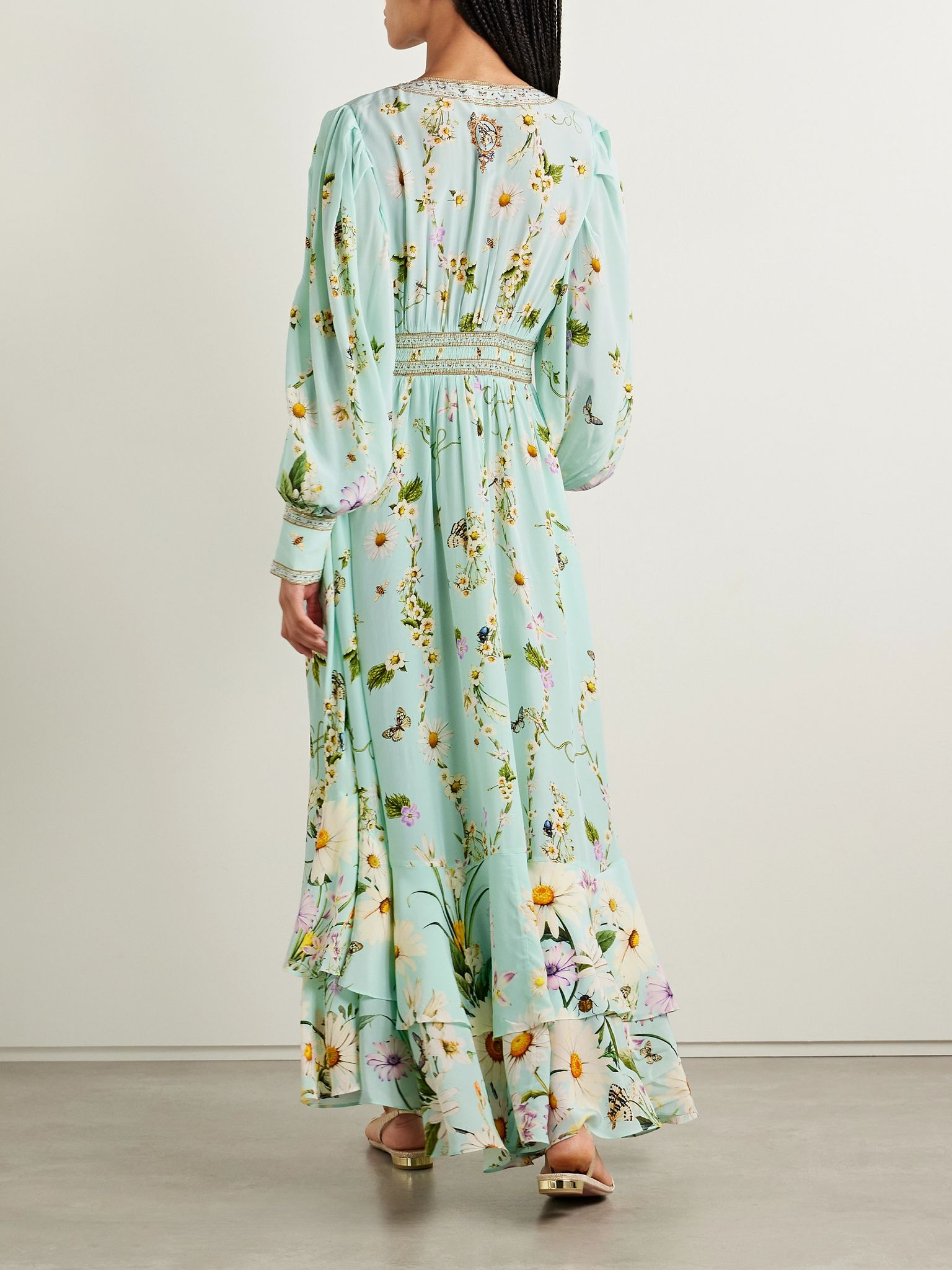 Crystal-embellished printed silk crepe de chine maxi dress Turquoise - 3