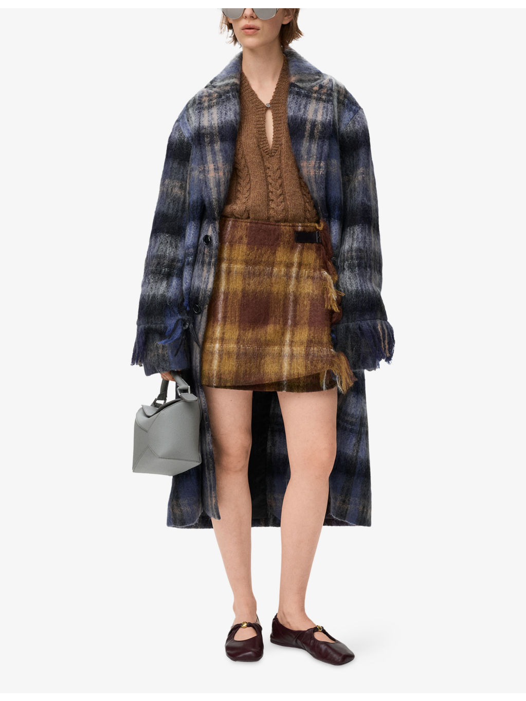 Check Brushed Mohair-Wool Long Coat - 2