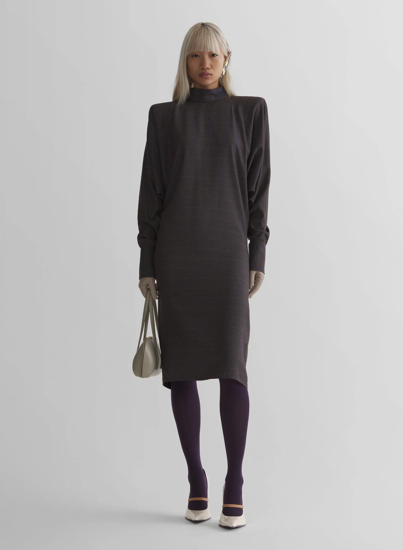 brown check bat sleeves dress - 1