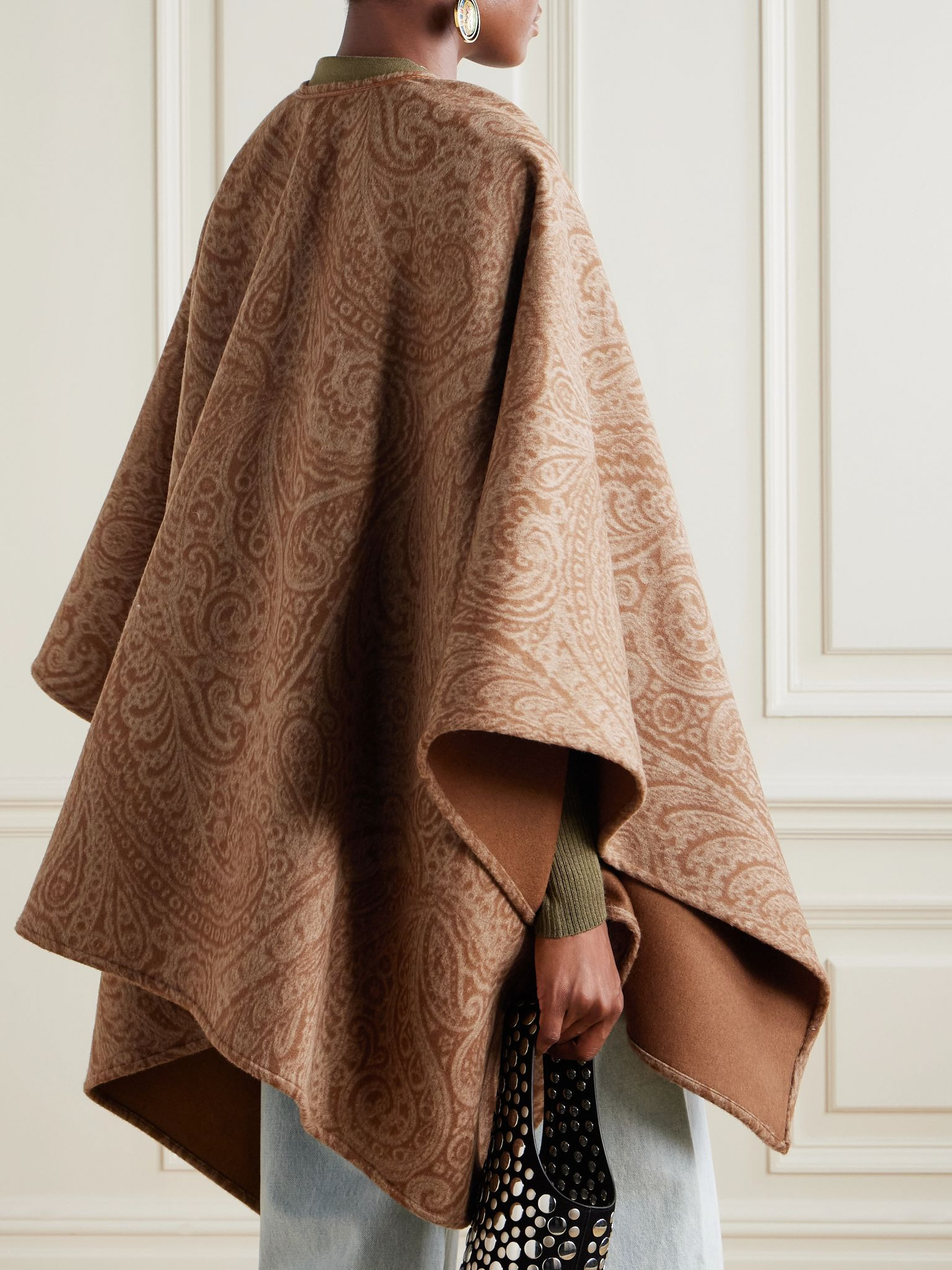 Leather-trimmed paisley-print wool-blend poncho Brown - 3