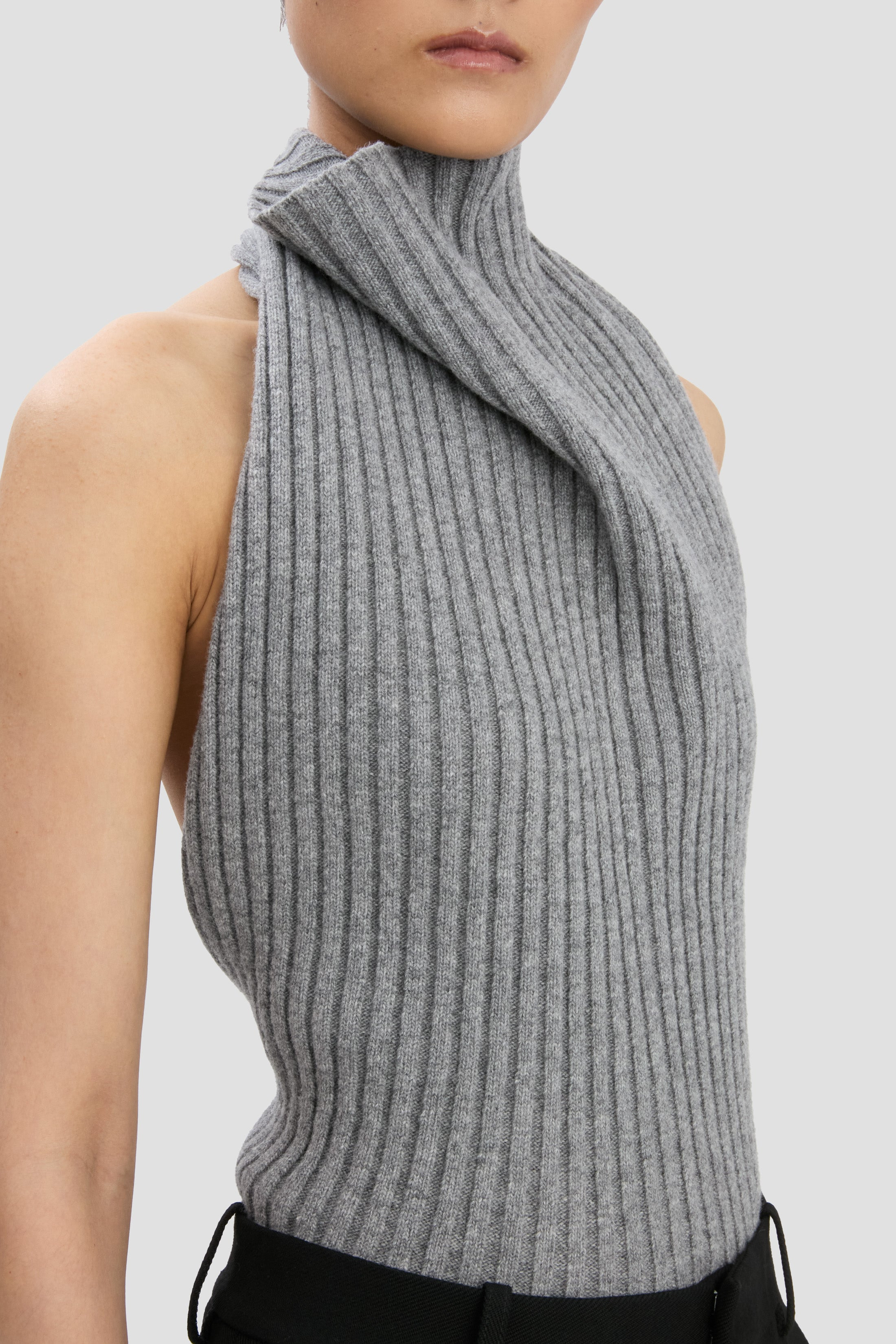 Draped Sleeveless Rib Top In Grey Melange - 4