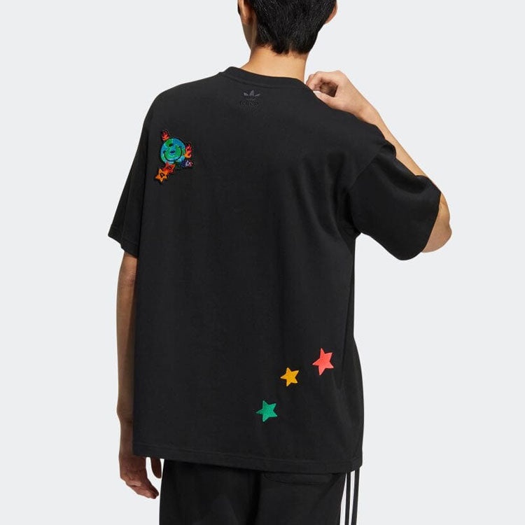 adidas Logo Cartoon Pattern Embroidered Round Neck Short Sleeve Black T-Shirt HM8041 - 3