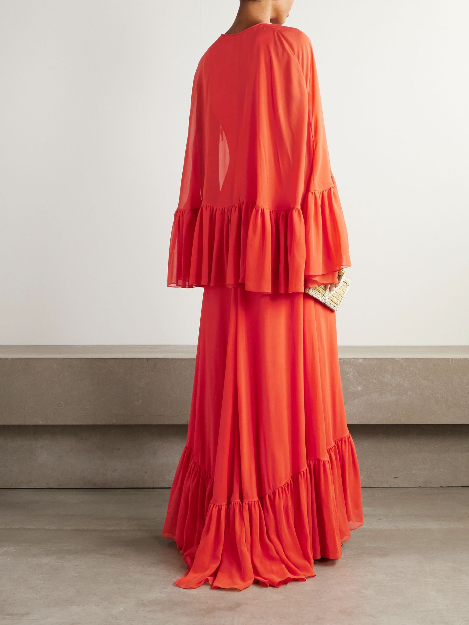 Cape-effect ruffled silk-georgette gown Coral - 3