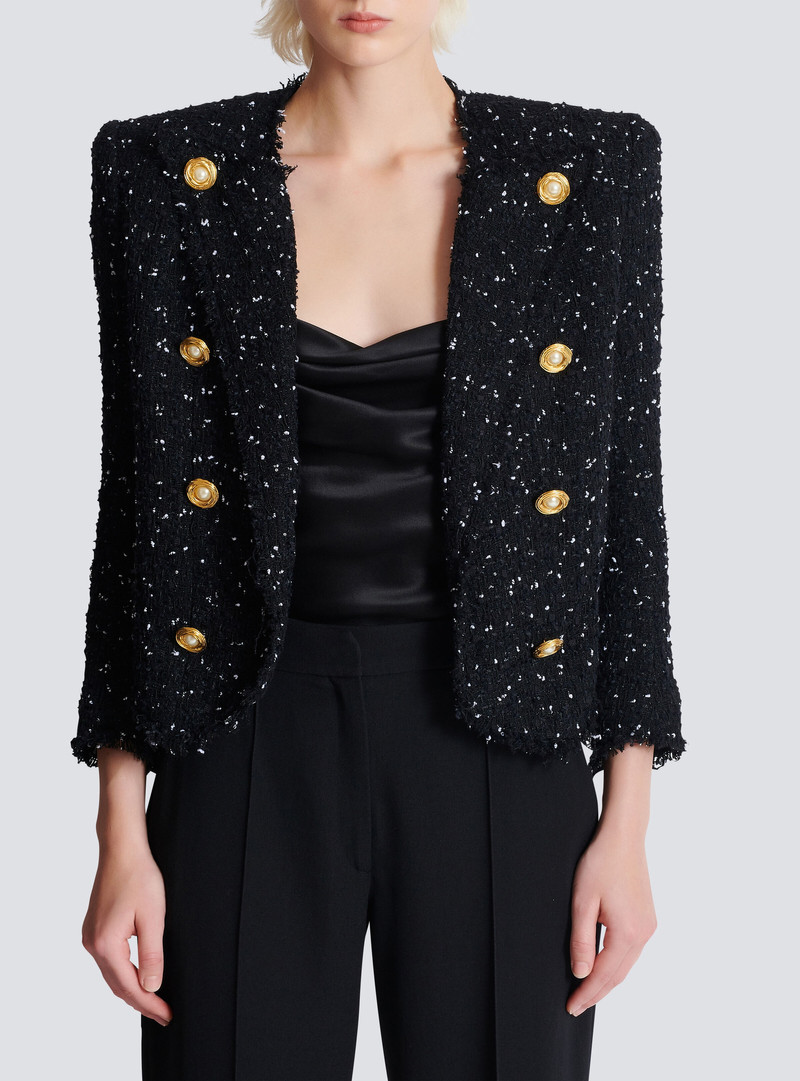 Cropped 8-button jacket in polka-dot tweed 5