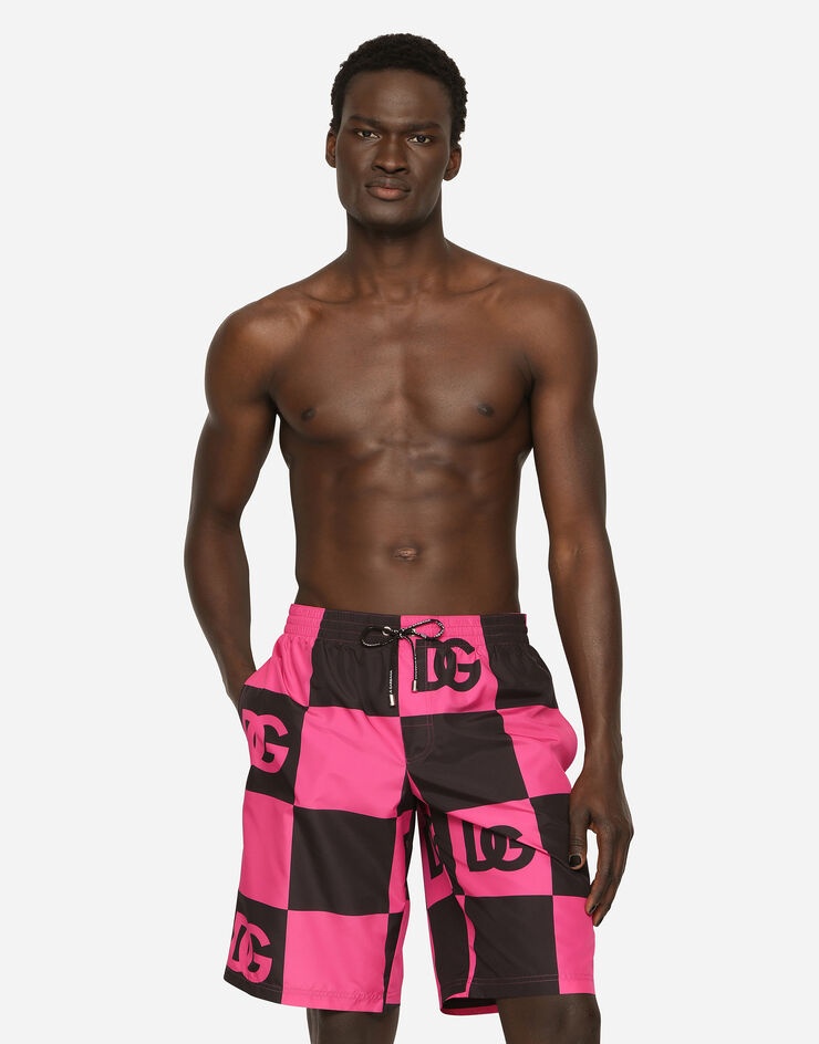 Long damier-print swim trunks with DG logo - 4