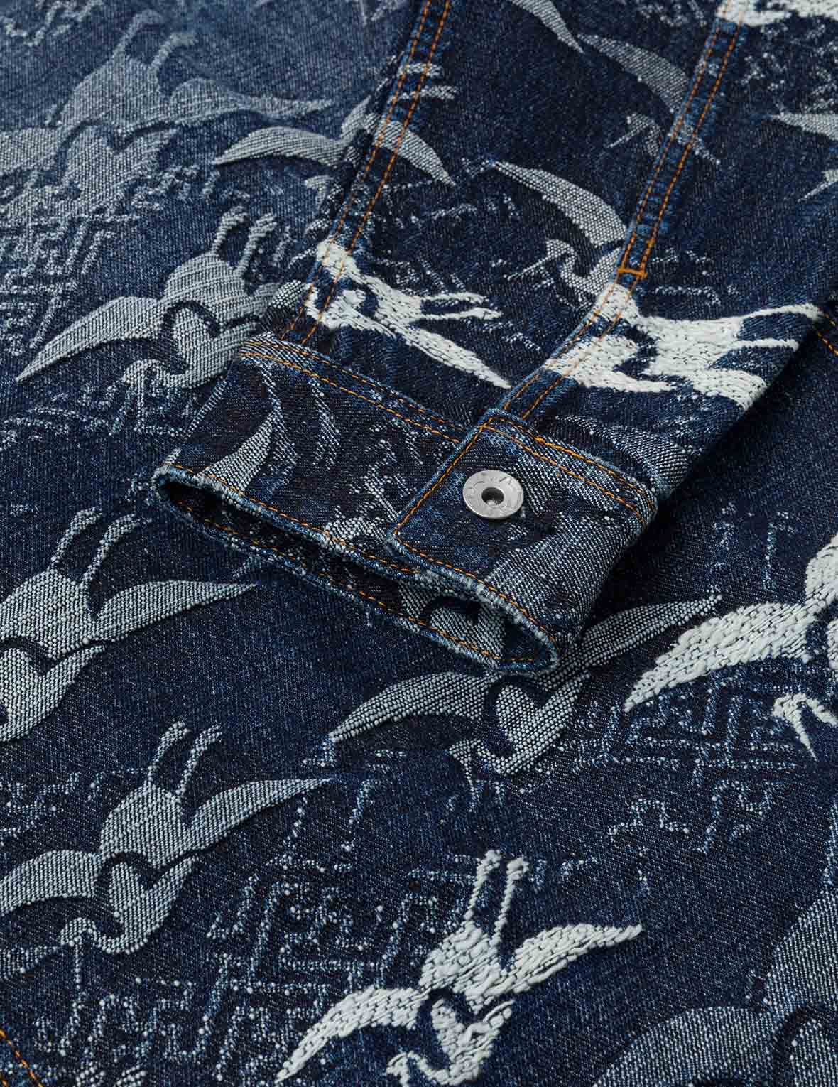 Allover Seagull Cranes Jacquard Loose Fit Denim Jacket - 16
