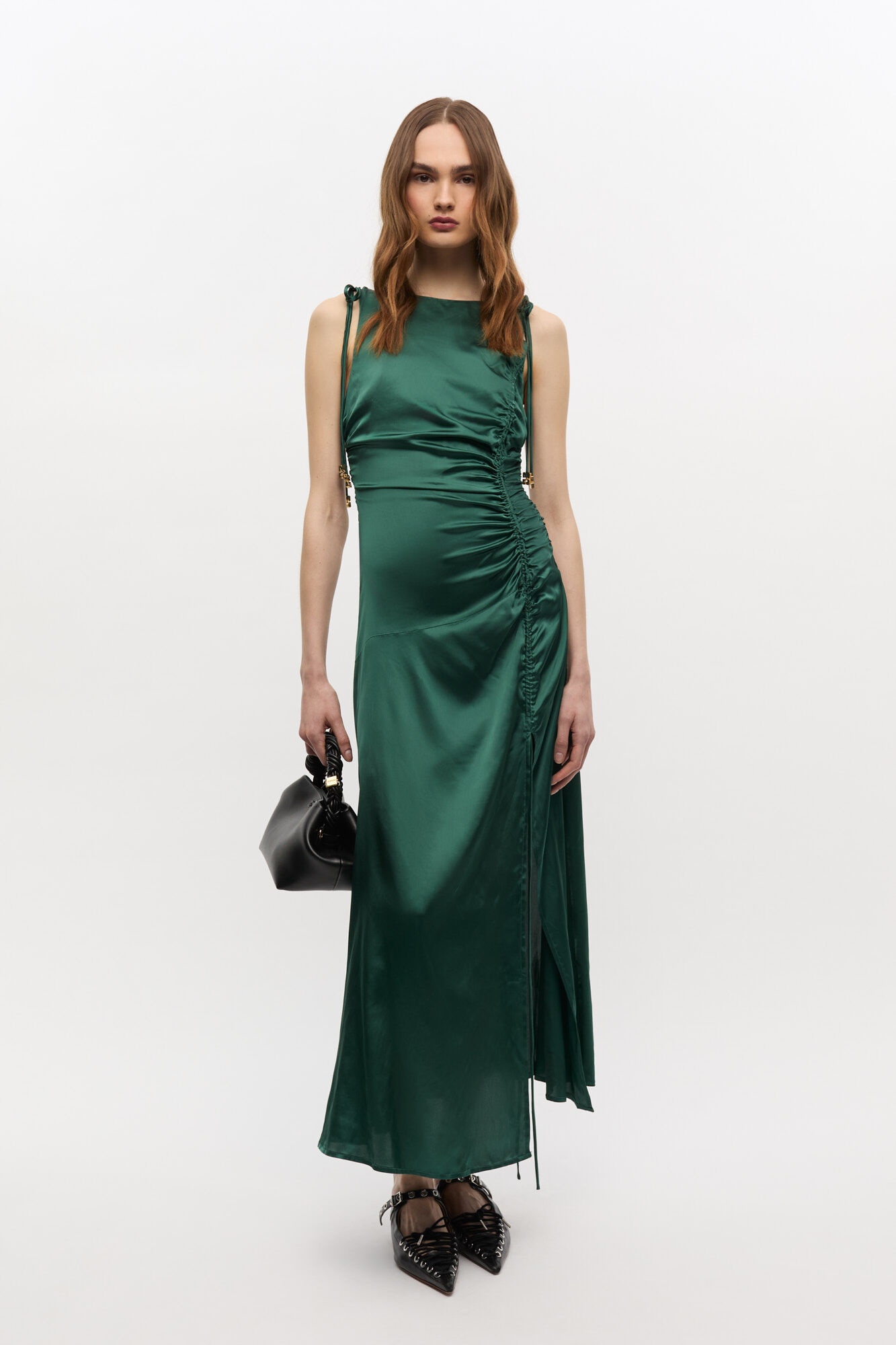 GREEN SATIN GATHERED DRESS - 2
