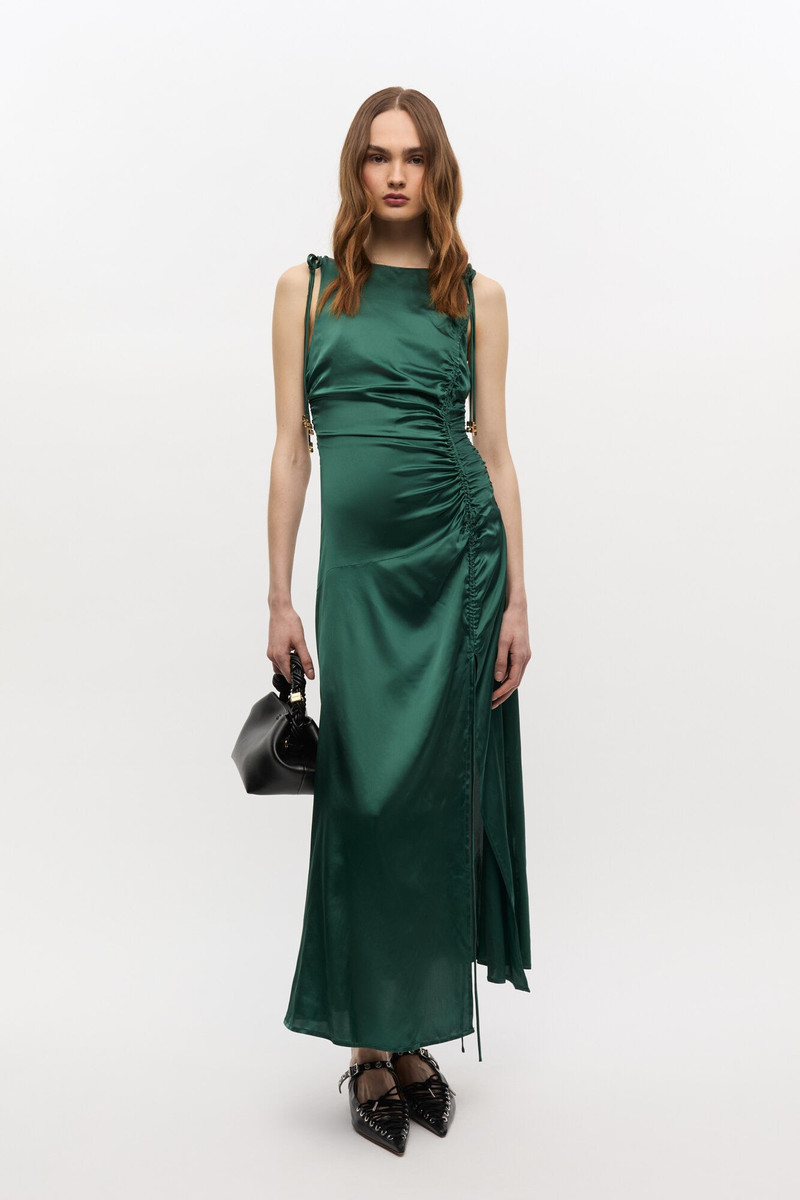 GANNI GREEN SATIN GATHERED DRESS outlook
