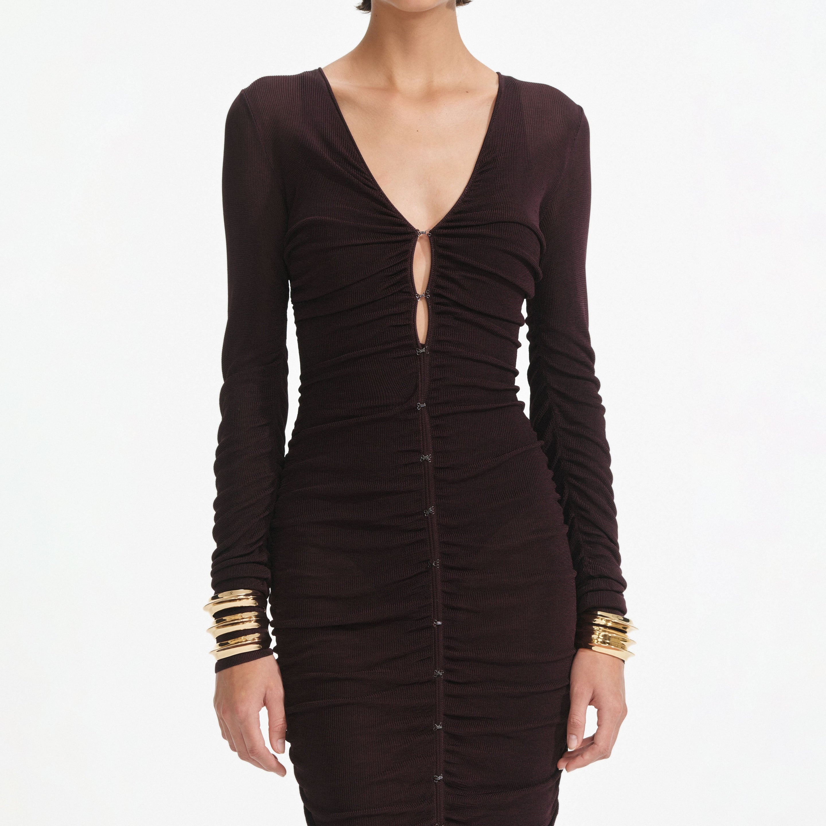 Brown Gathered Viscose Knit Midi Dress - 4