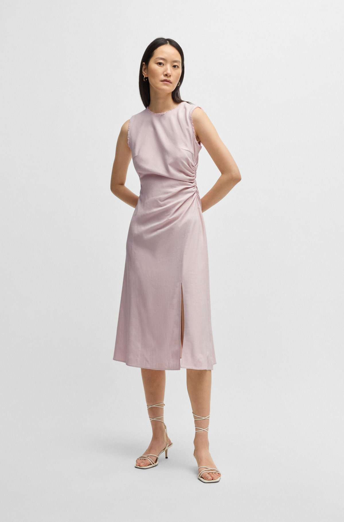 MELANGE DRESS WITH FRAYED AND GATHERED DETAILS - 3