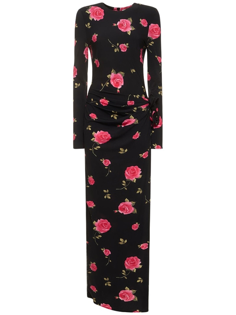 Rose printed draped jersey long dress - 1