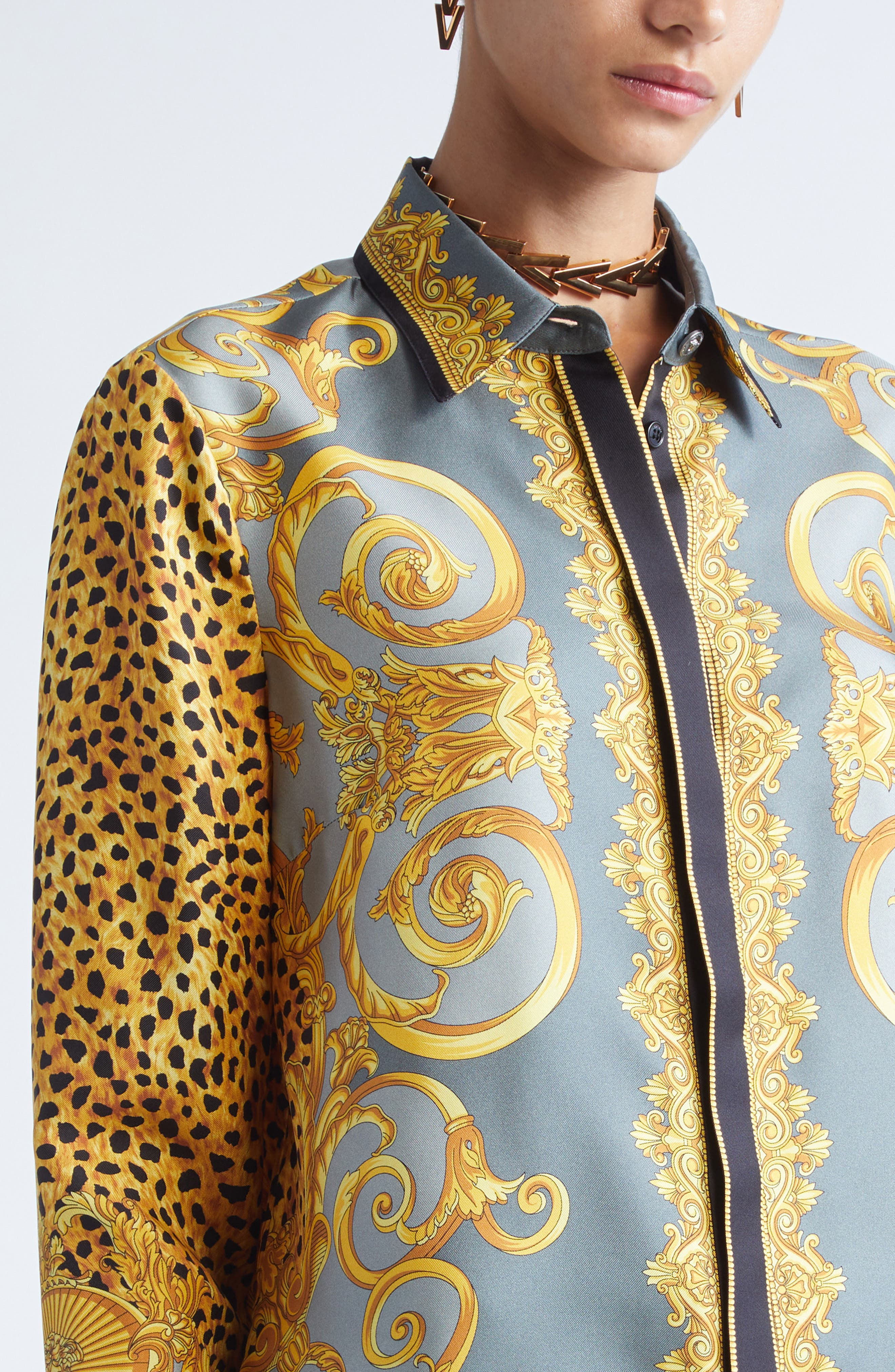 Versace Formal Cheetah Barocco Print Silk Button-Up Shirt in Light Grey Elephant Grey at Nordstrom - 5