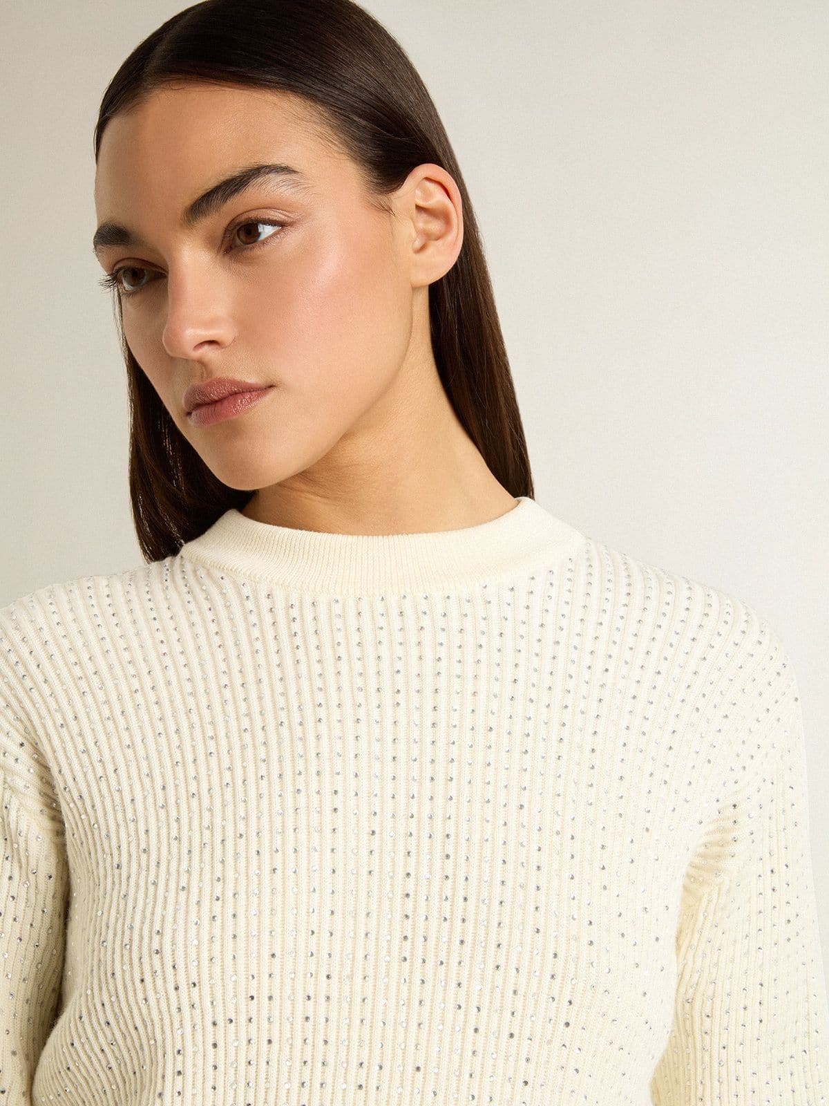 Women's crew-neck sweater in white merino wool with all-over crystals - 5