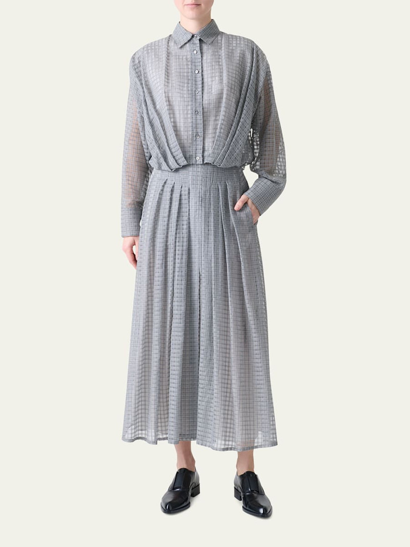 AKRIS Plaid Cotton Voile Blouse with Pleated Waist outlook