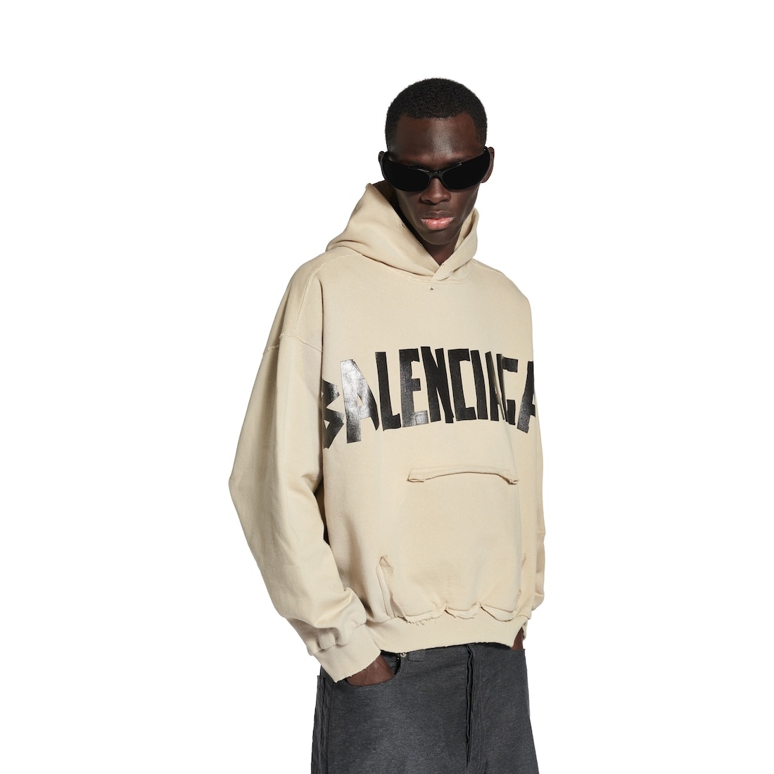 Tape Type Ripped Pocket Hoodie in Beige - 6