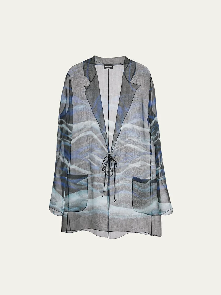 Night Water Print Self-Tie Silk Blouse Jacket - 1