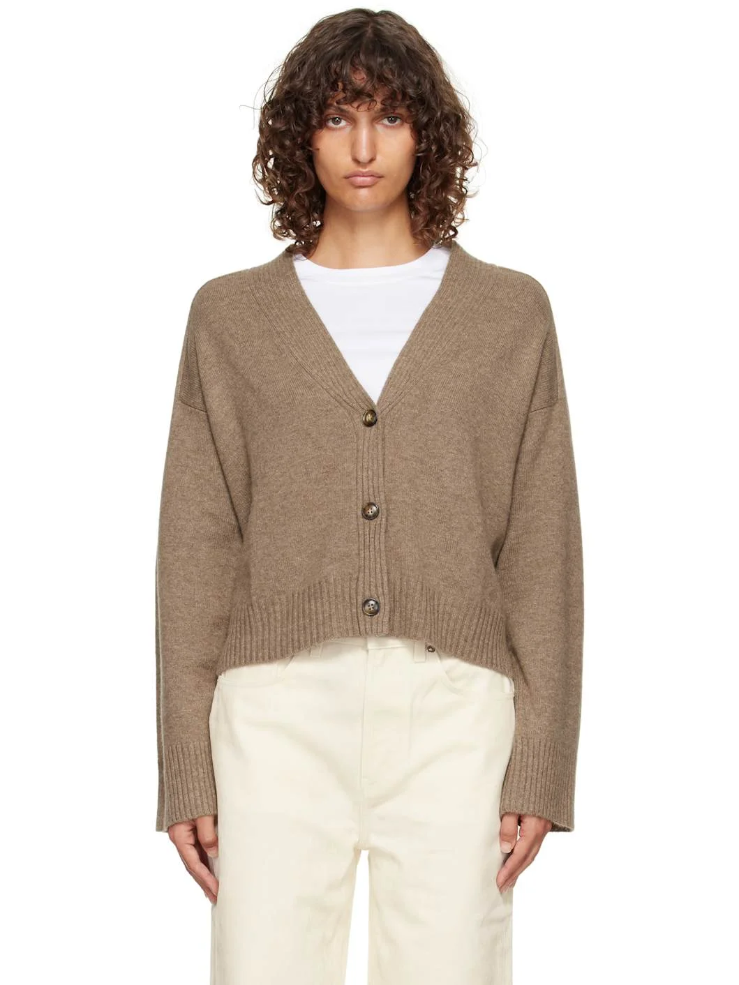 Taupe Kaia LDS Ribbed Neckline Cardigan - 1