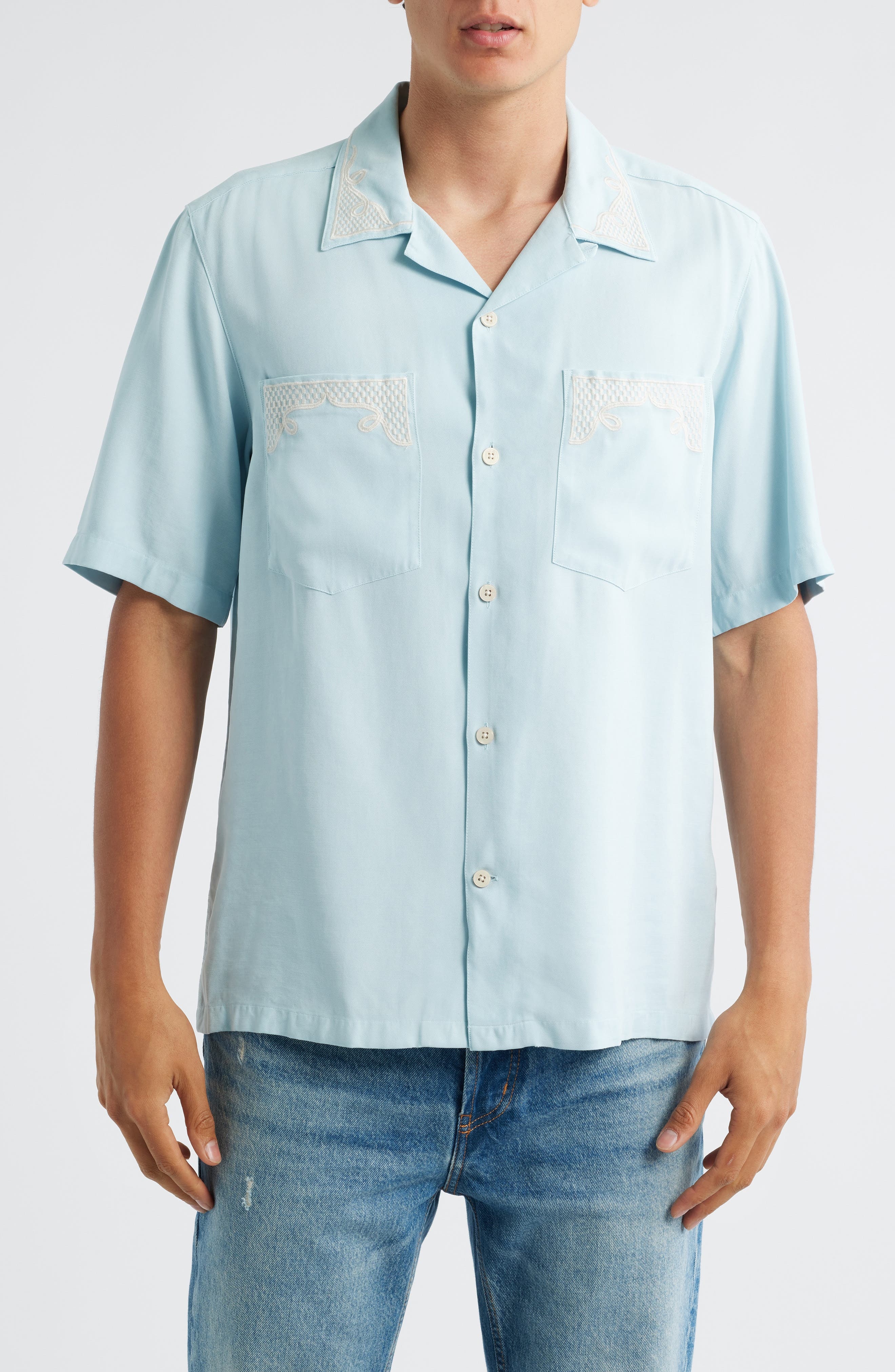 NN07 Julio Embroidered Button-Up Shirt in Winter Sky at Nordstrom - 1