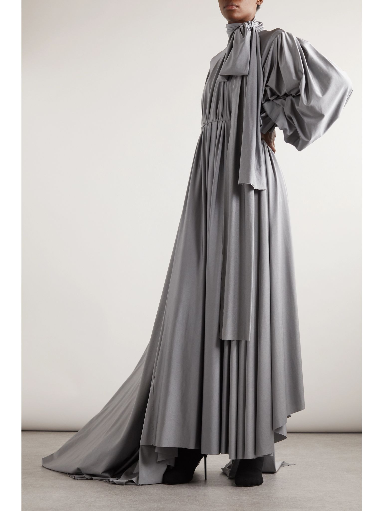 Asymmetric ruched stretch-satin maxi dress Gray - 2