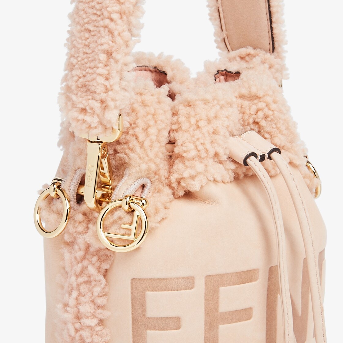 Small Mon Tresor bucket bag made of pale pink nubuck, embellished with tone on tone sheepskin and FE - 5