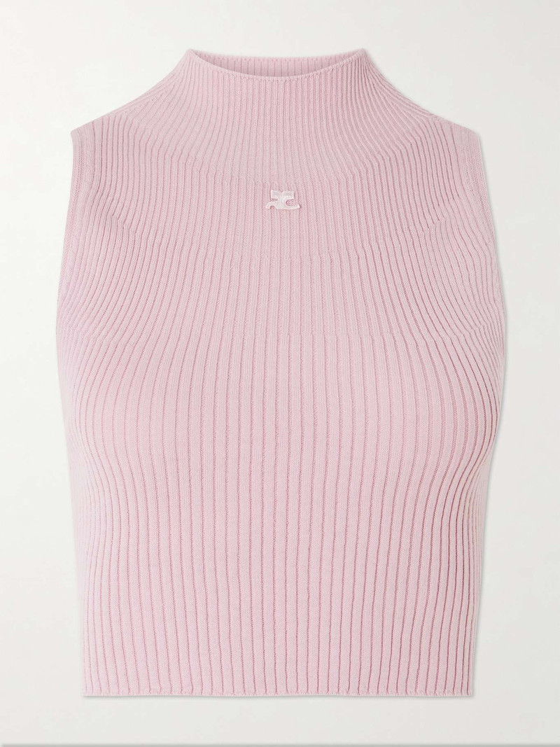 Cropped appliquéd ribbed cotton and merino wool-blend tank Baby pink - 1