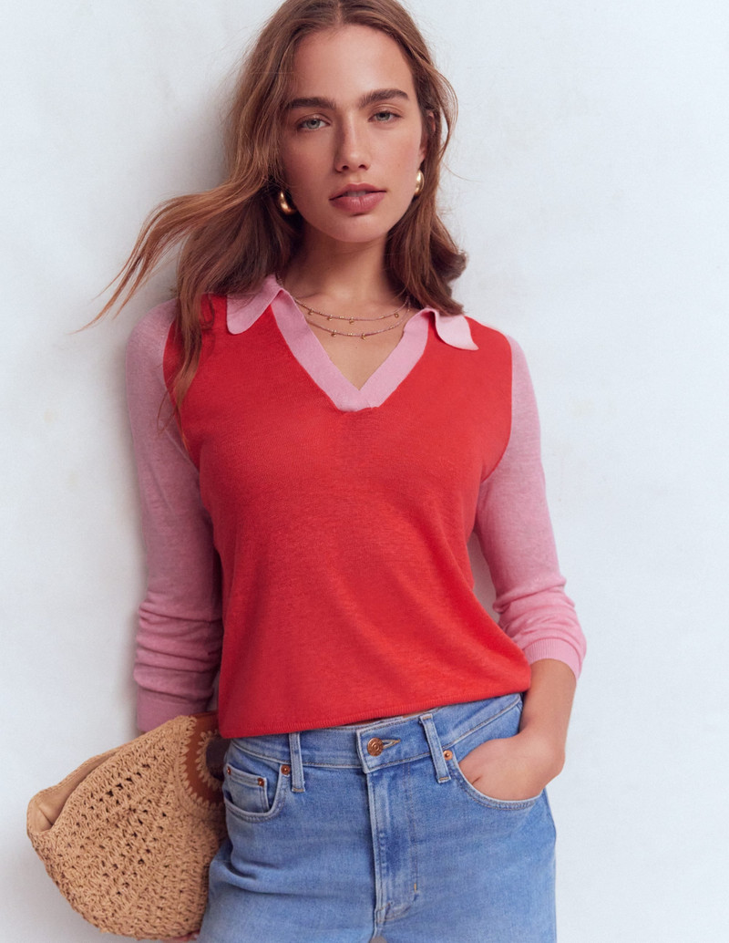 BODEN Agnes Collared Linen Jumper-Sunkissed Coral / Formica Pink outlook