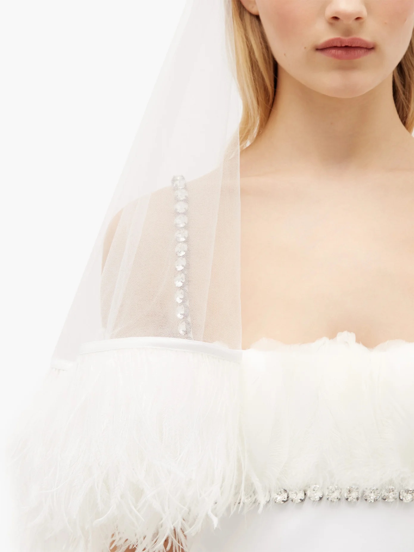 Ostrich feather-trimmed short tulle veil - 3