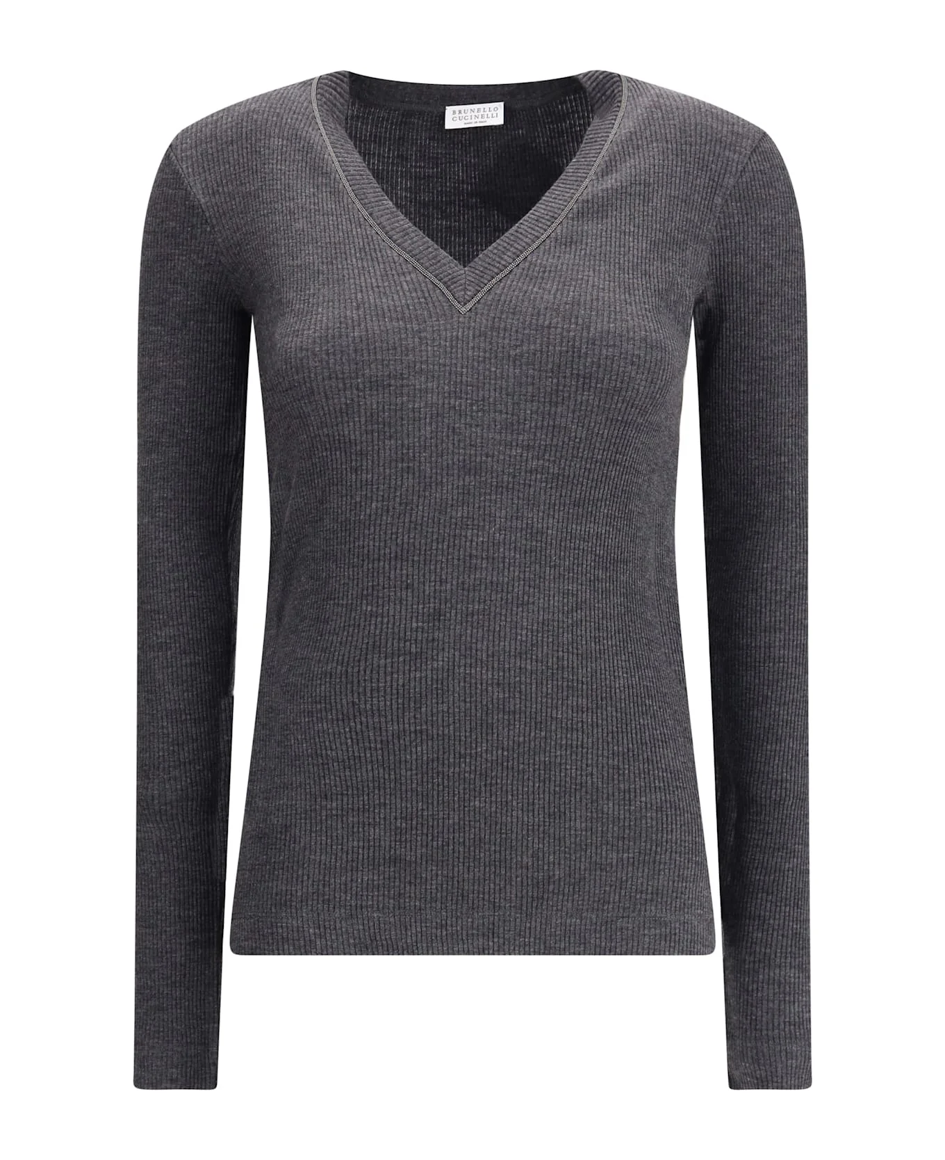 Long Sleeve Wool Ribbed Jersey T-shirt With Shiny Trim - 1