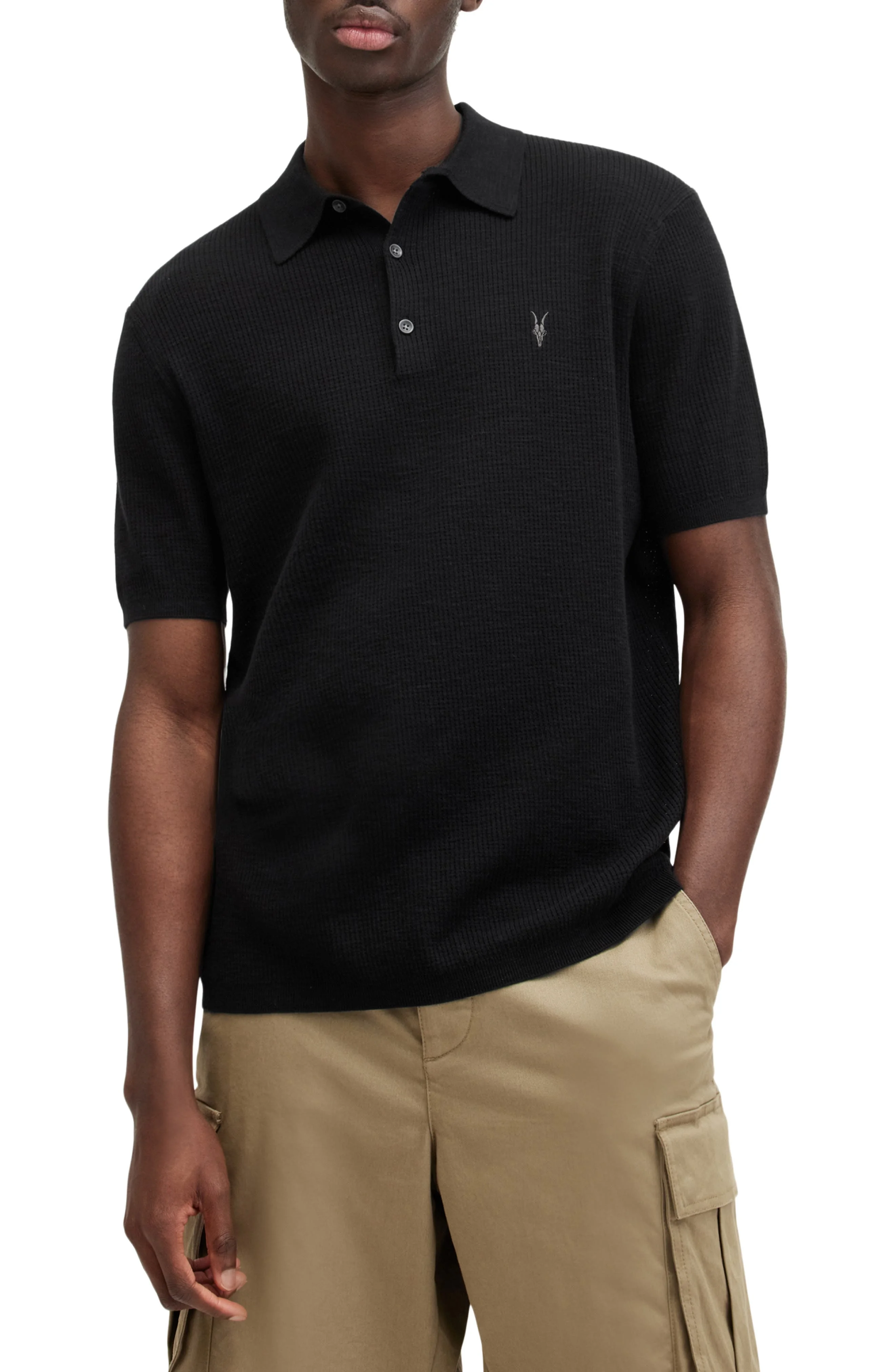 AllSaints Aubrey Ribbed Polo in Black at Nordstrom - 1