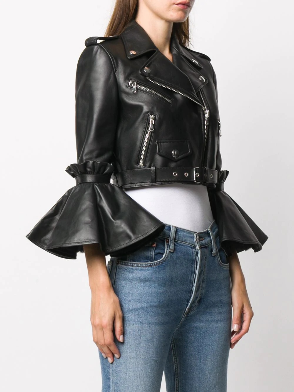 flared cuff leather jacket - 3