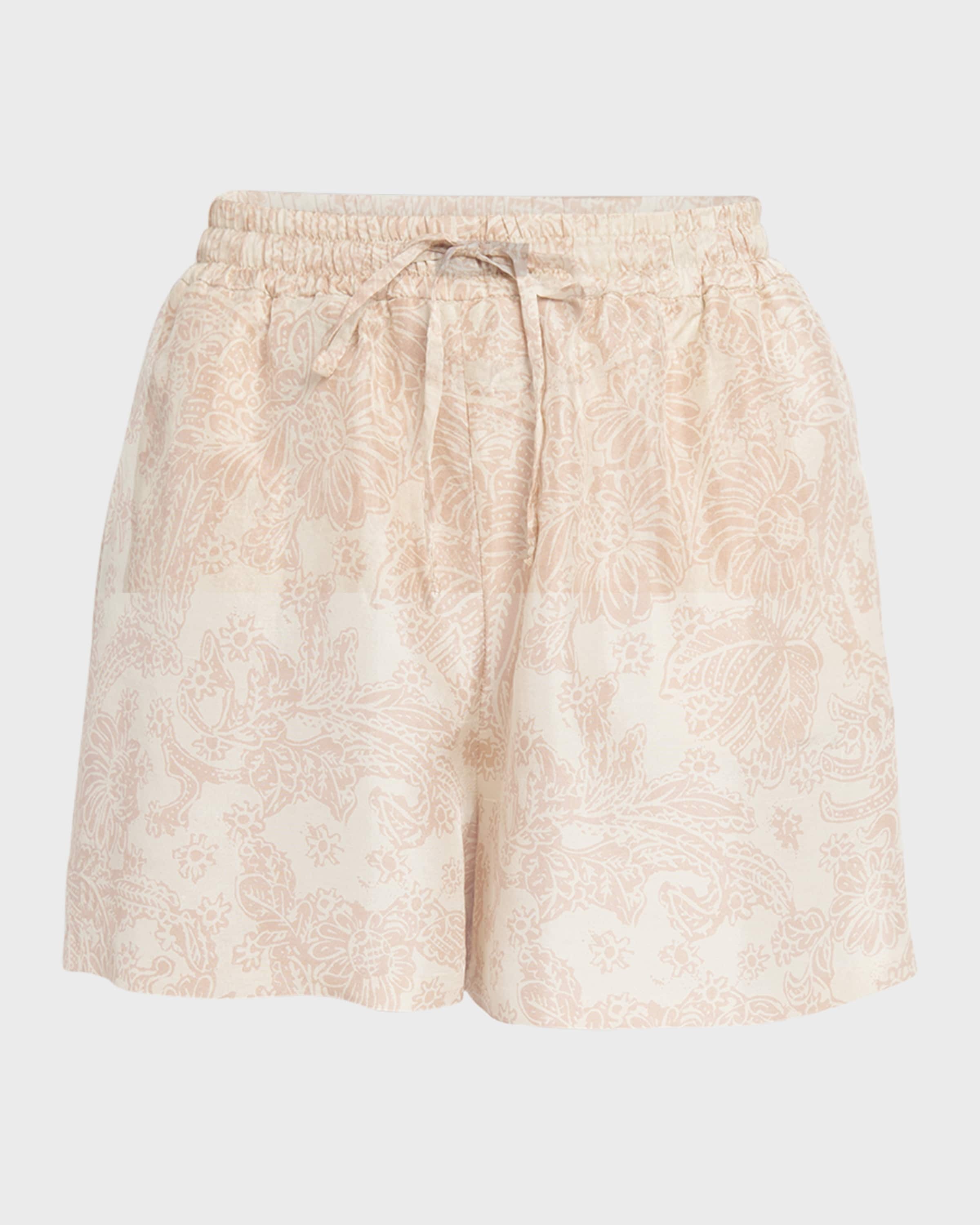 Perth Woodblock Botanic-Print Silk Pull-On Bermuda Shorts - 1