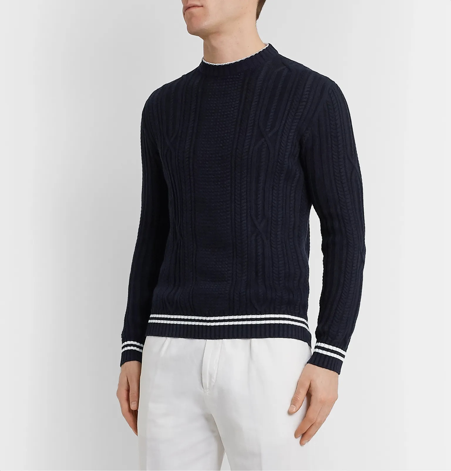 Slim-Fit Striped Cable-Knit Cotton and Cashmere-Blend Sweater - 4