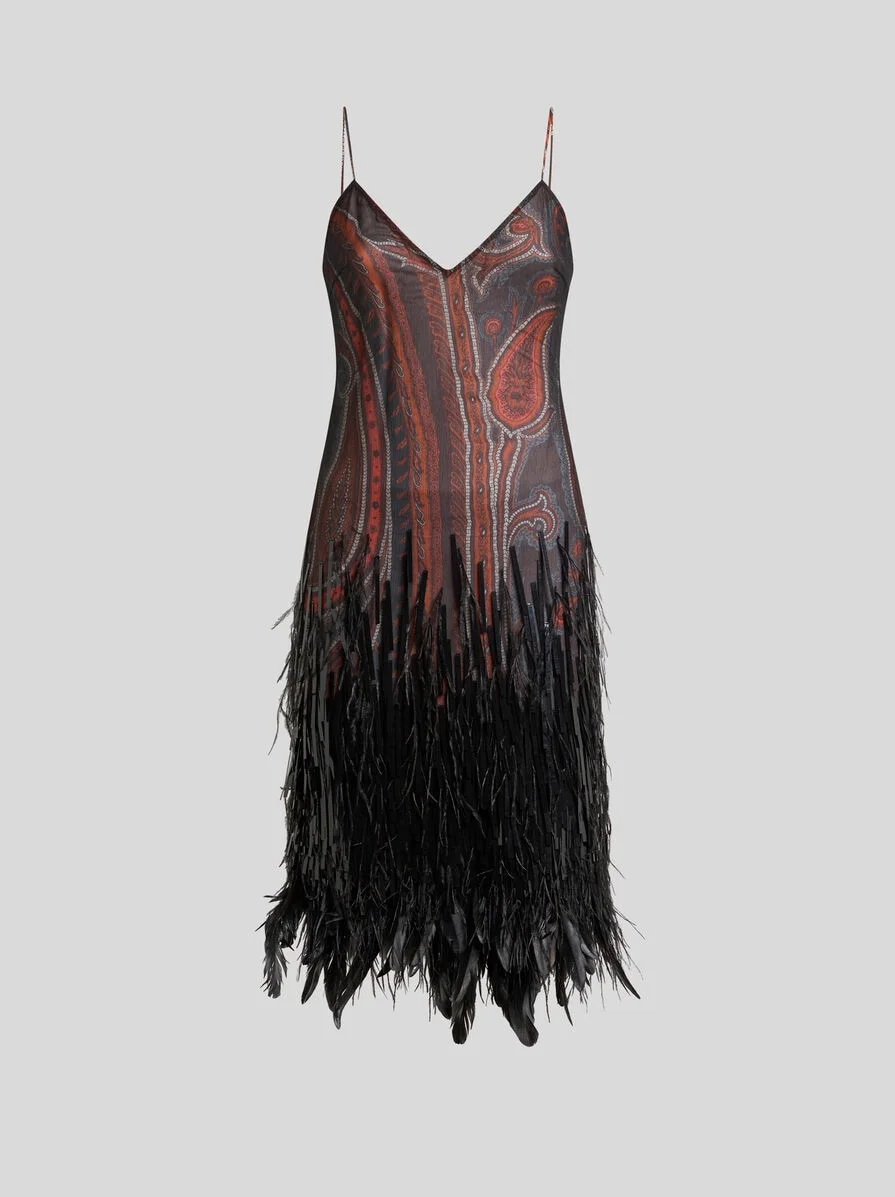 KNEE-LENGTH DRESS WITH SEQUINS, OSTRICH FEATHERS AND PAISLEY MOTIF - 1