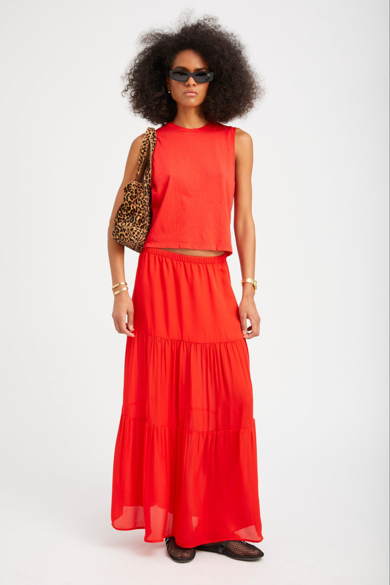 RED SILK TIERED MAXI SKIRT - 1
