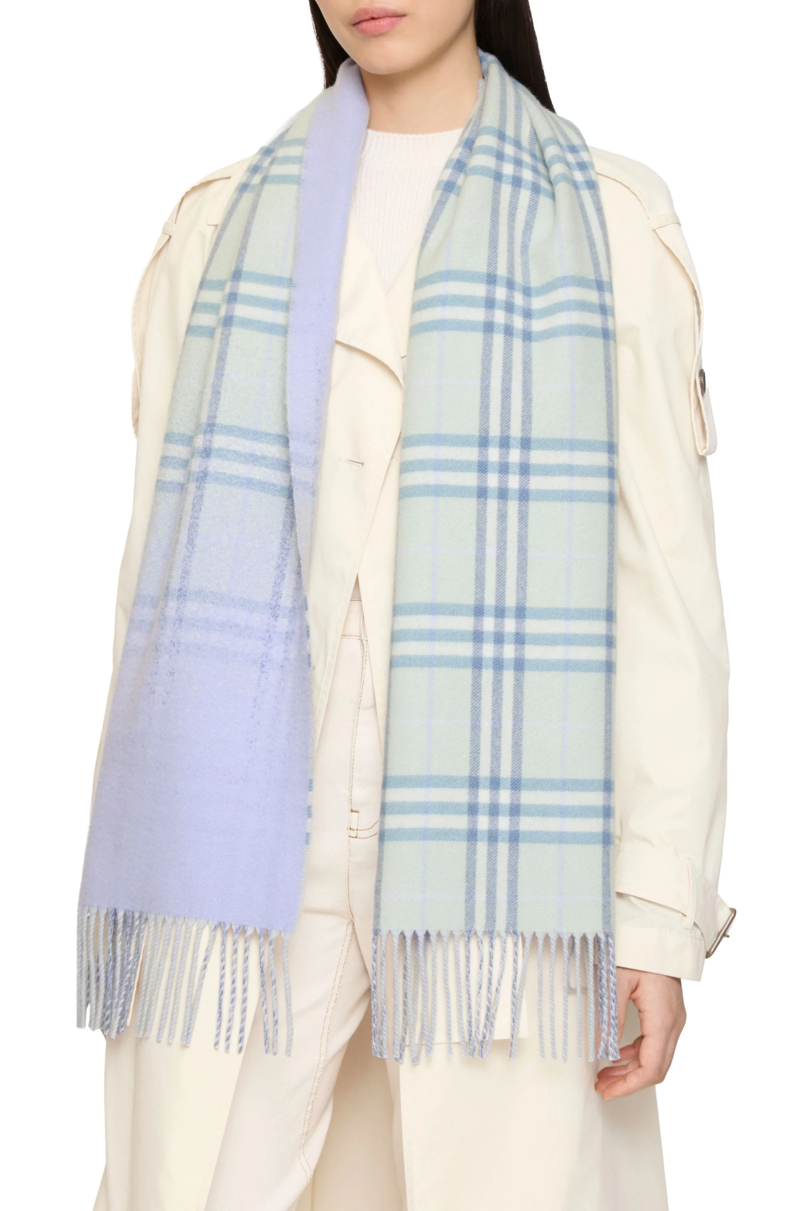 burberry Gradient Check Jacquard Double Face Cashmere Fringe Scarf in Seafoam Green at Nordstrom - 1
