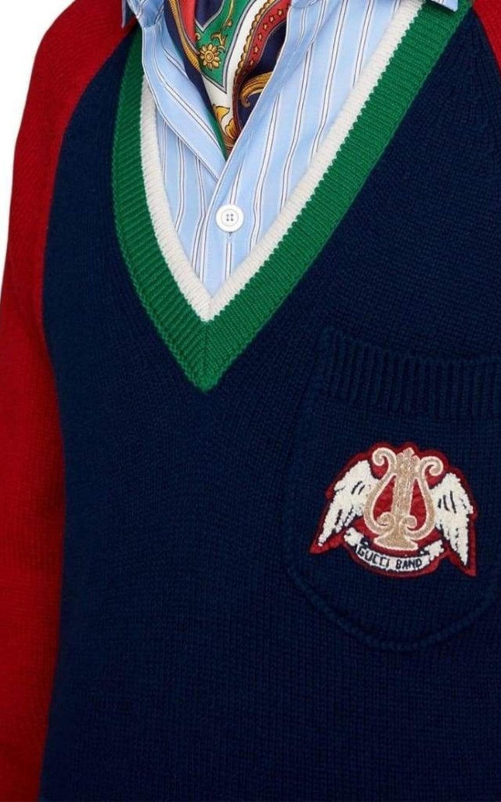 Blue V-neck Wool Sweater With Lyre - 2